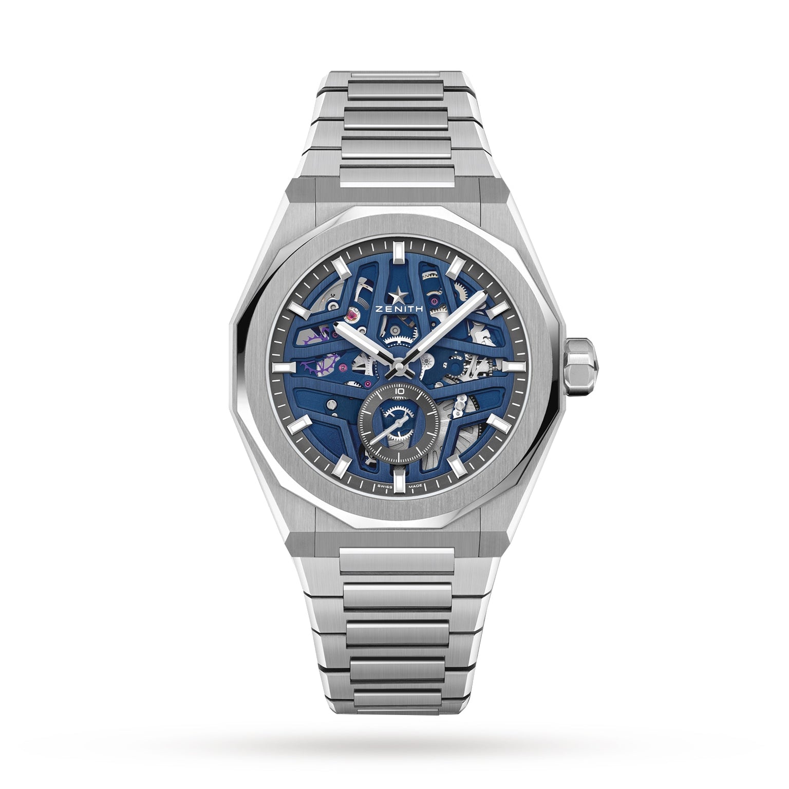 The Zenith Defy Skyline Skeleton wristwatch features a blue skeleton dial, silver indices, exposed movement, and a metal bracelet, capturing urban sophistication in stainless steel—shown against a white background.