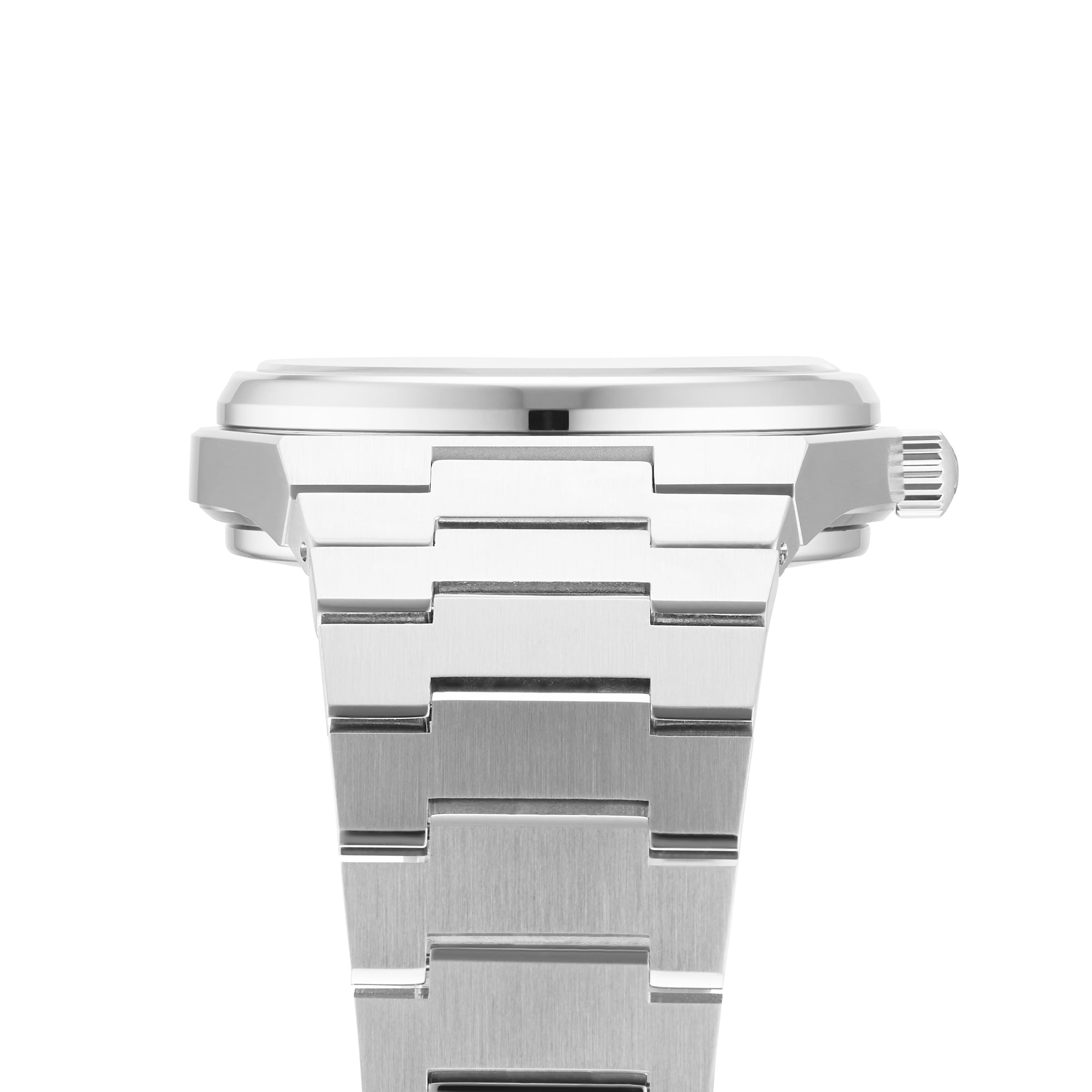 Side view of a silver Zenith Defy Skyline Skeleton wristwatch featuring a stainless steel case, metal link bracelet, visible crown, and urban sophistication.