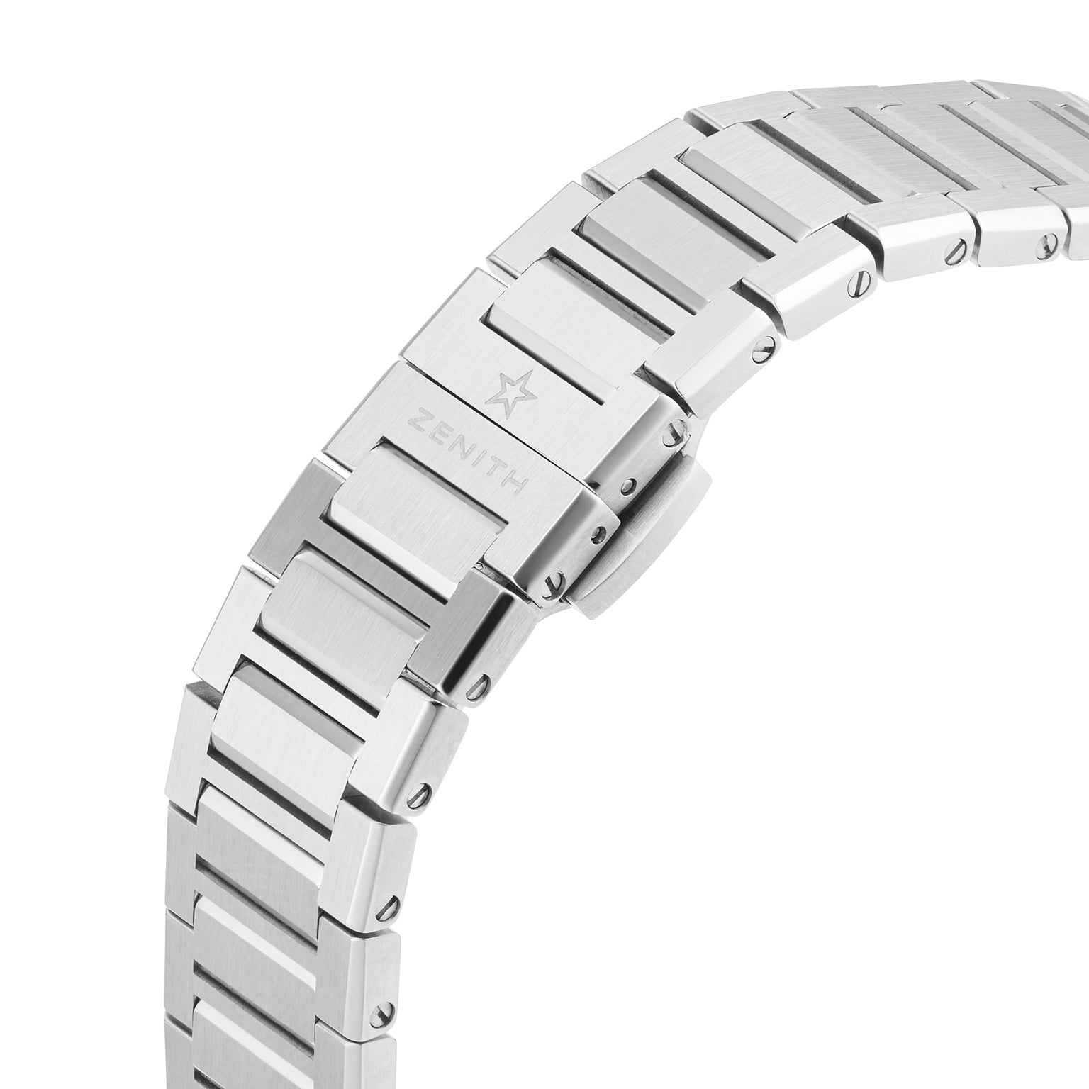 Close-up of a stainless steel bracelet with the engraved Zenith logo and star on the clasp, capturing the modern elegance of the Defy Skyline Skeleton by Zenith.