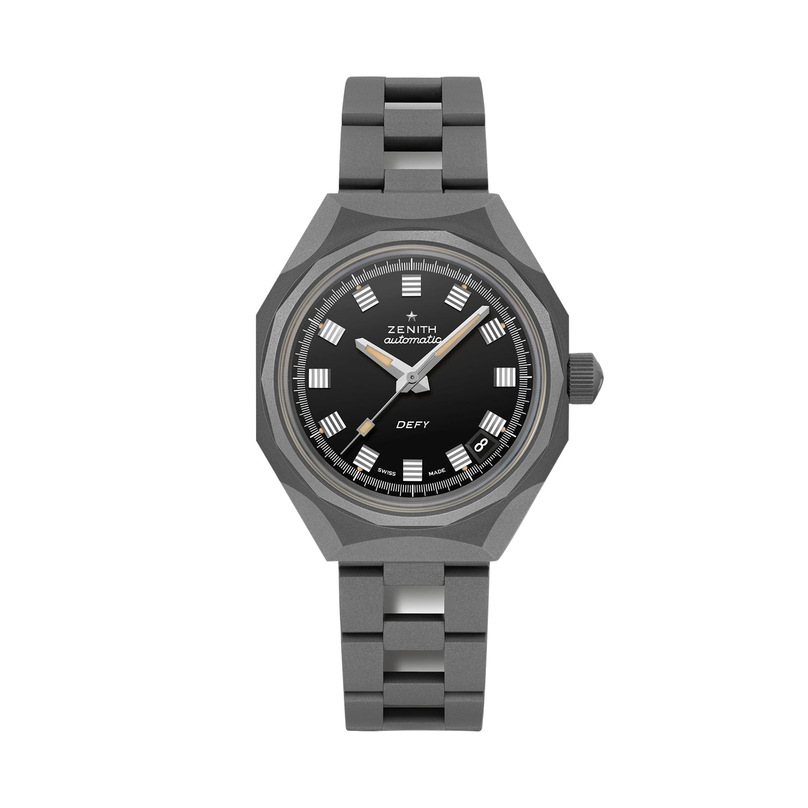 The Zenith Defy Revival Shadow wristwatch has a titanium case, black dial with Roman numeral markers, silver hands, and a silver metal bracelet, shown against a white background.