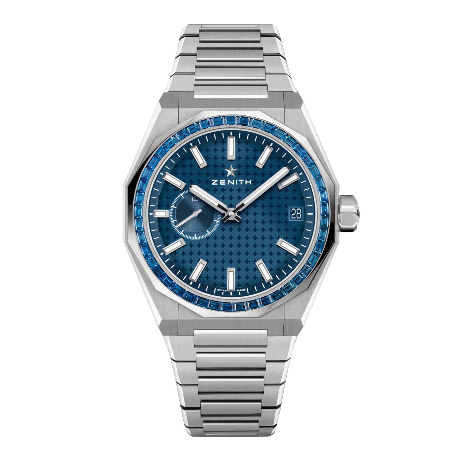 The Zenith Defy Skyline Sapphire wristwatch features a blue textured dial, silver hour markers, a date window at 3 o’clock, and a metal link bracelet, combining elegance and precision with the El Primero 3620 movement.