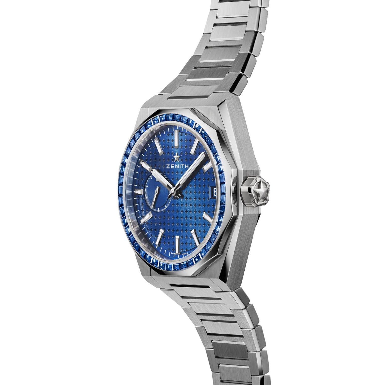 Introducing the Zenith Defy Skyline Sapphire: a stainless steel wristwatch with a striking blue dial and bezel, date window at 3 oclock, matching metal bracelet, and powered by the precise El Primero 3620 movement.