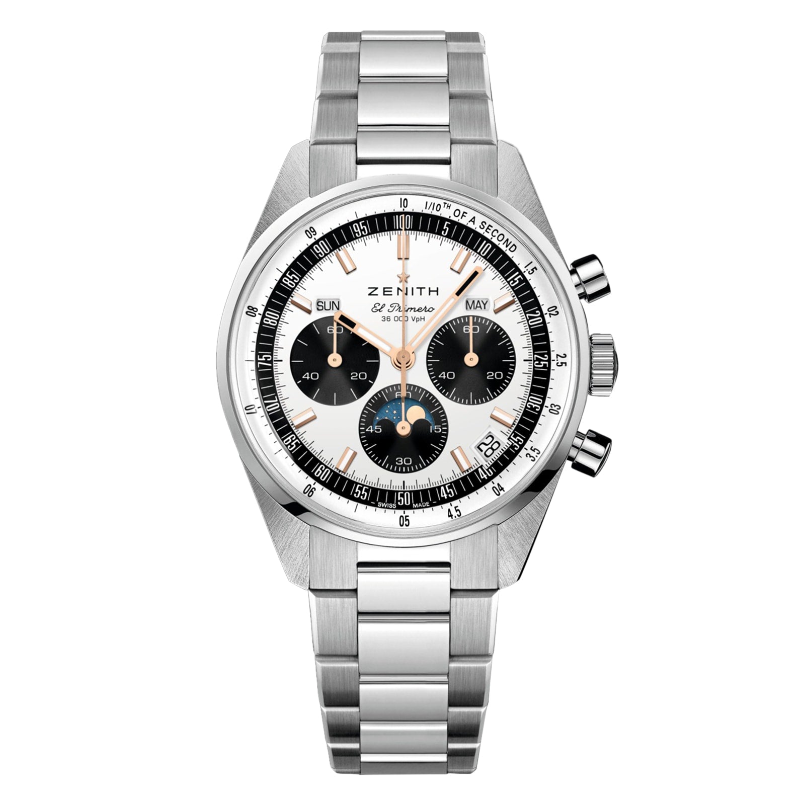 A Zenith Chronomaster Original stainless steel wristwatch with a silver bracelet, black and white chronograph dial, three subdials, and Triple Calendar day, date, and month indicators.