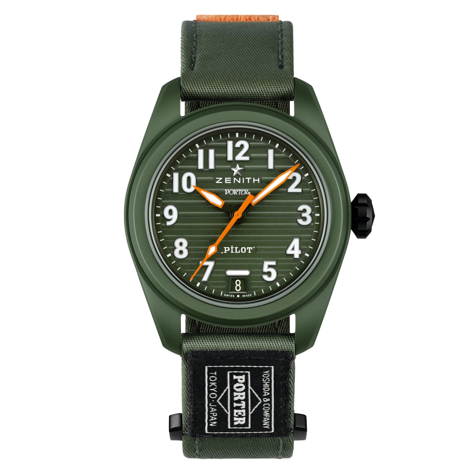 The Zenith Limited Edition Pilot Automatic Porter watch features orange hands, a fabric strap, and displays PORTER and TOKYO, JAPAN labels.
