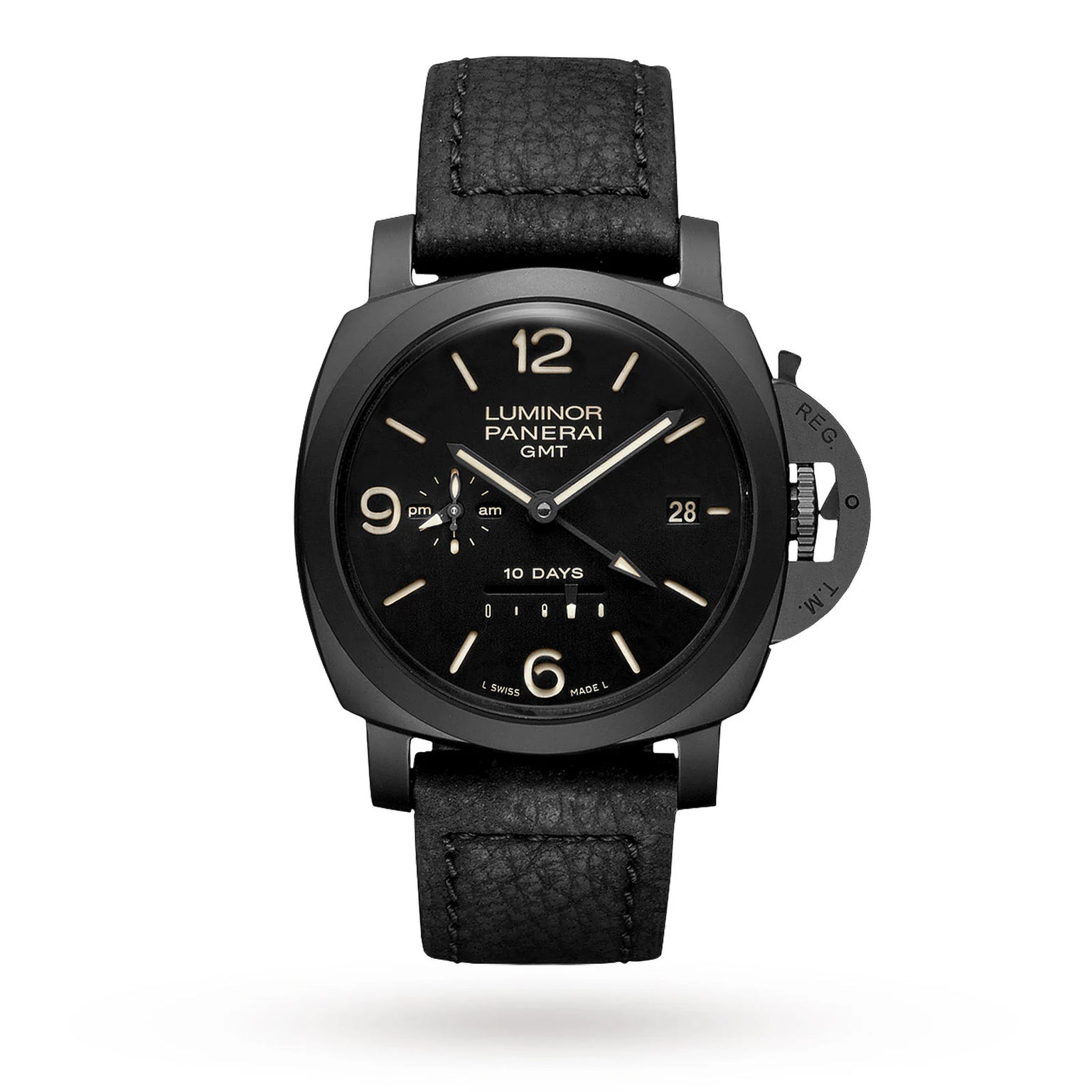 The Panerai Luminor 10 Days GMT es is a luxury men's watch featuring a black leather strap, black dial with beige markers, date display, and the signature crown guard.