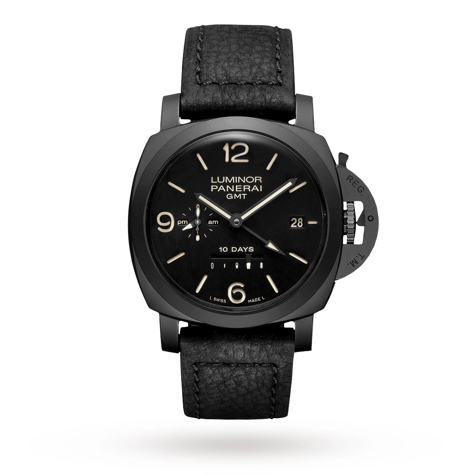 The Panerai Luminor 10 Days GMT es is a luxury men's watch featuring a black leather strap, black dial with beige markers, date display, and the signature crown guard.