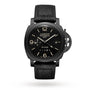 The Panerai Luminor 10 Days GMT es is a luxury men's watch featuring a black leather strap, black dial with beige markers, date display, and the signature crown guard.