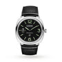 The Panerai Radiomir Seal Logo Acciaio es men’s watch features automatic movement, a black leather strap, black dial with luminous green markers and hands, plus a small seconds sub-dial at 9 o’clock, shown on a white background.