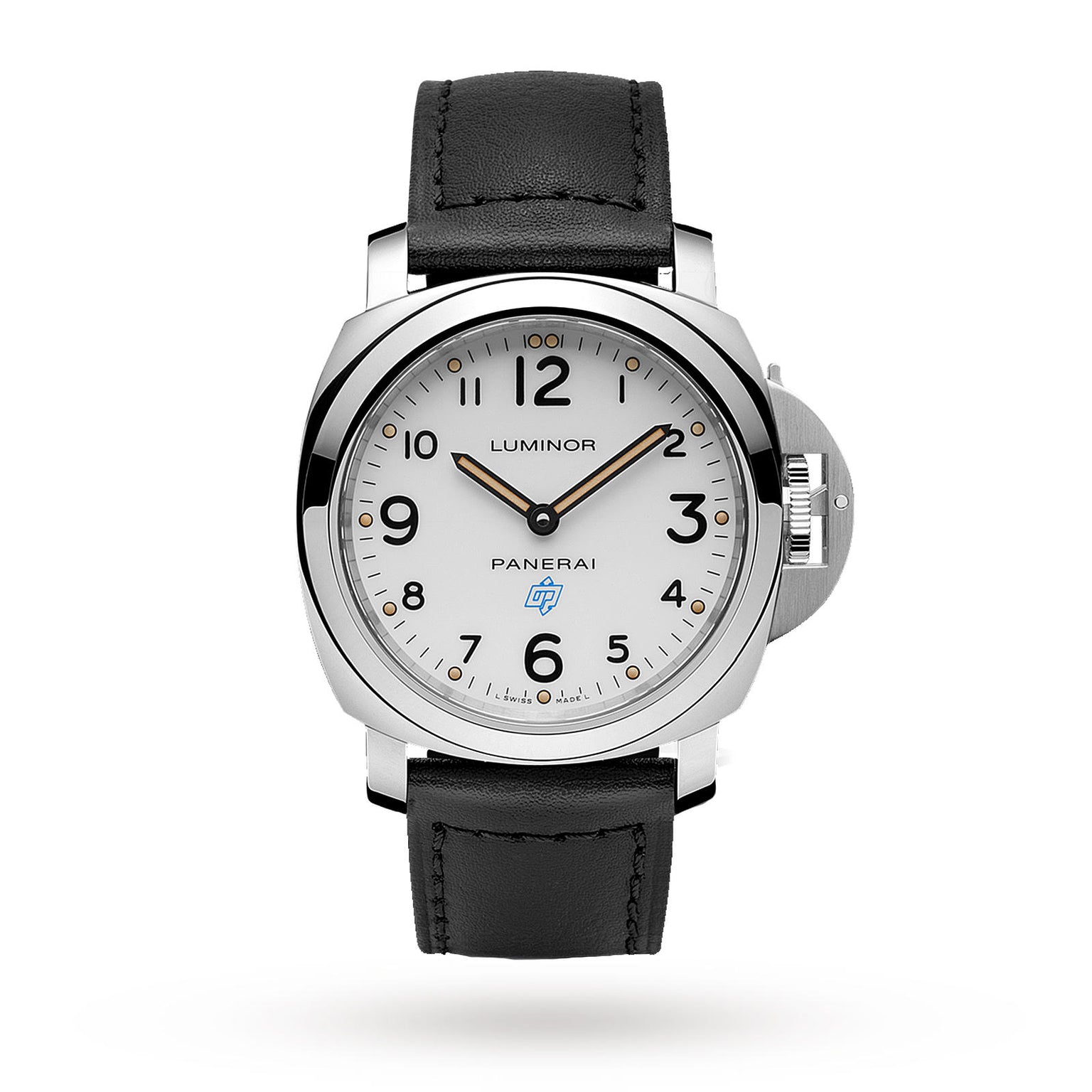 The Panerai Luminor Base es men's watch features a silver case, white dial with black Arabic numerals, black and gold hands, automatic movement, and a black leather strap, shown against a white background.