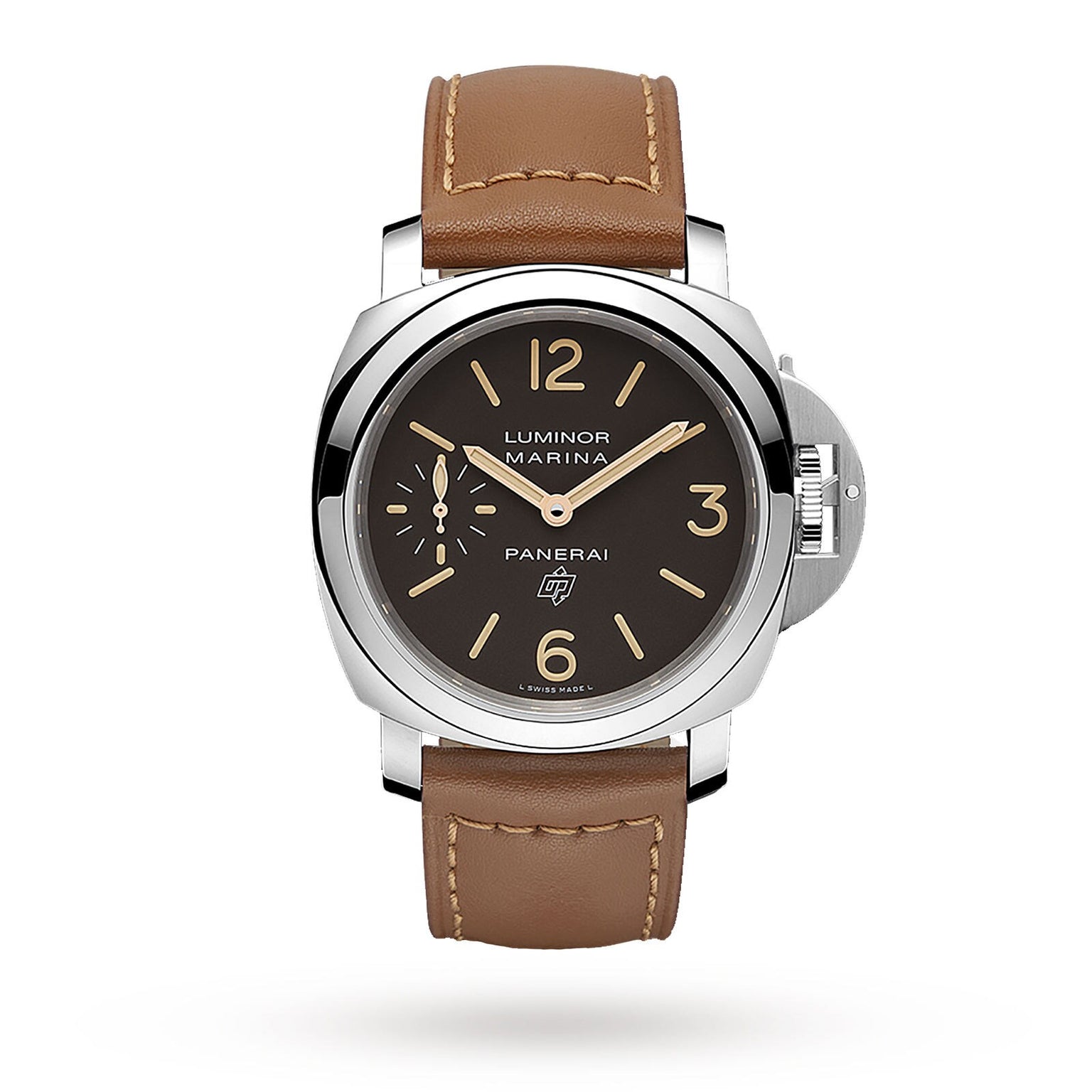 The Panerai Luminor Marina es men's luxury watch features a brown leather strap, stainless steel case, black dial with beige numerals, small seconds sub-dial, bold crown protector, and a precise mechanical movement.