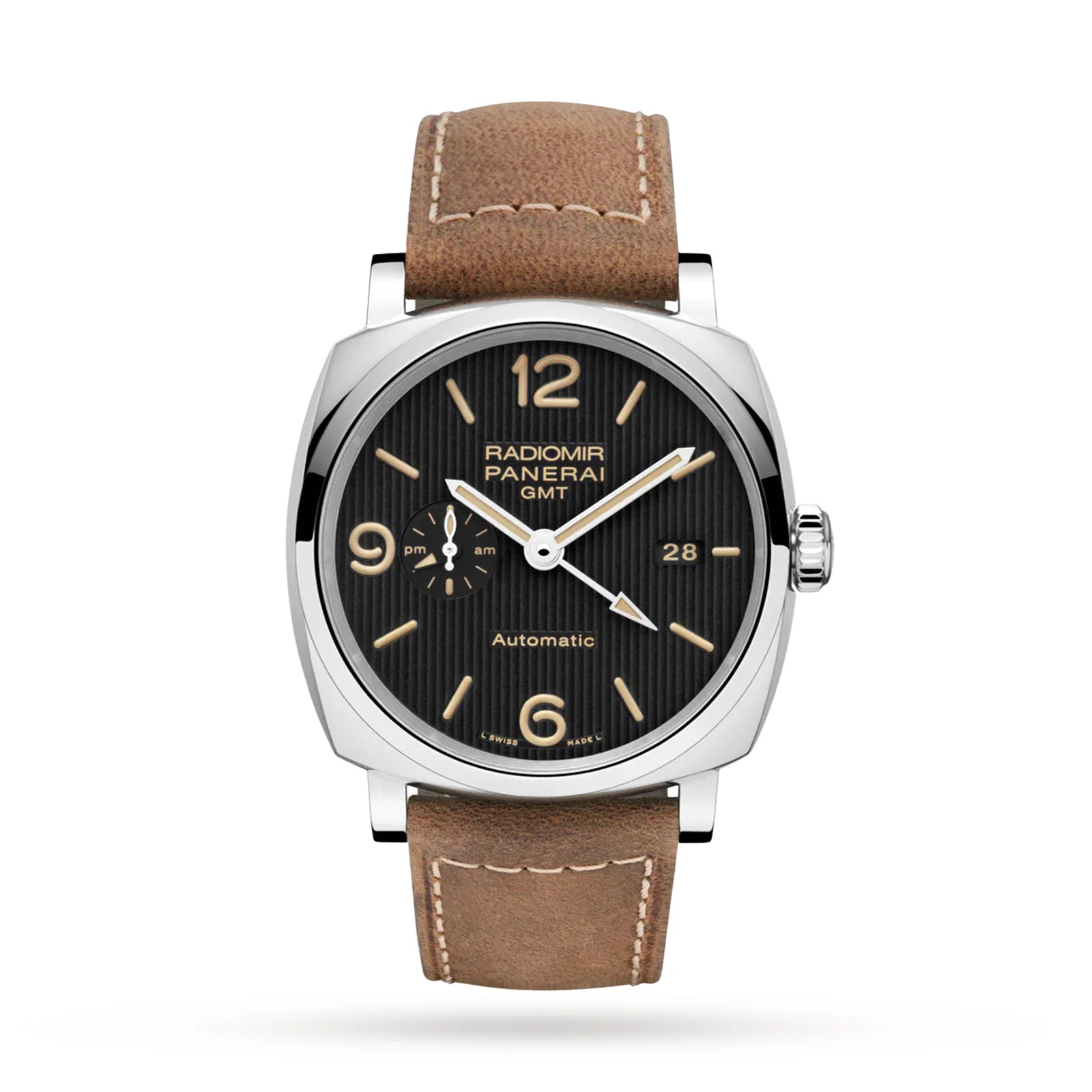 The Panerai Radiomir GMT is a 45mm wristwatch with a black dial, beige numerals and hands, small GMT subdial, date window, brown leather strap, and the automatic P.6000 calibre—an iconic piece from Panerai.