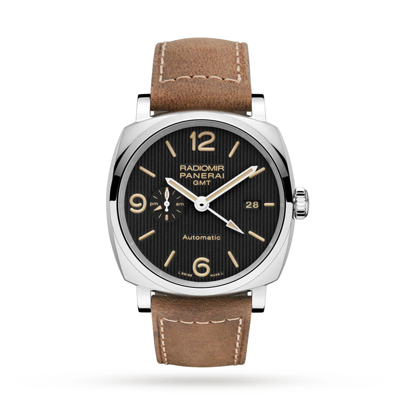 The Panerai Radiomir GMT is a 45mm wristwatch with a black dial, beige numerals and hands, small GMT subdial, date window, brown leather strap, and the automatic P.6000 calibre—an iconic piece from Panerai.