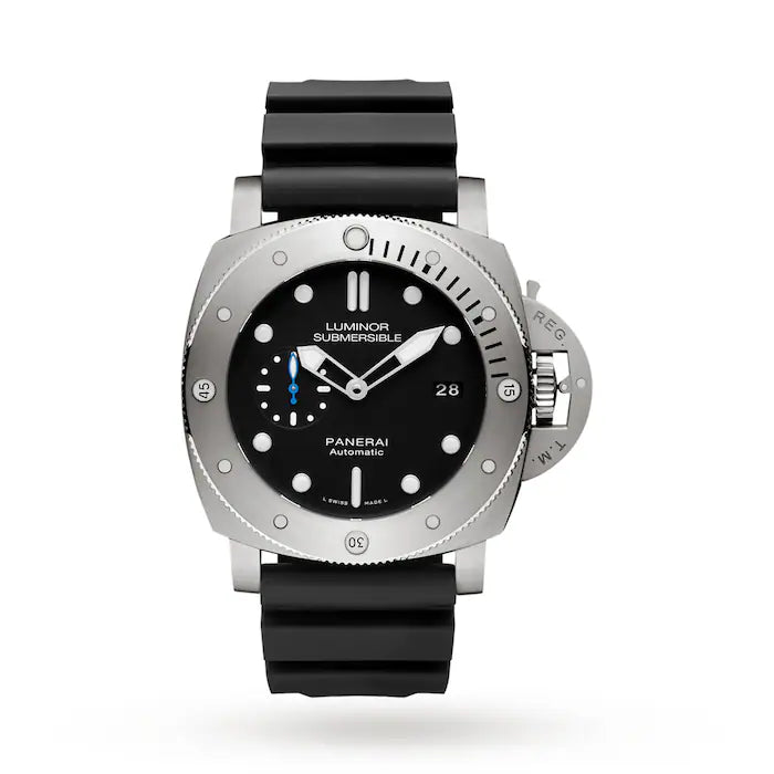 The Panerai Submersible es is a men's dive watch with a black dial, white hour markers, date window, silver bezel, titanium case, black rubber strap, and a right-side crown protector.