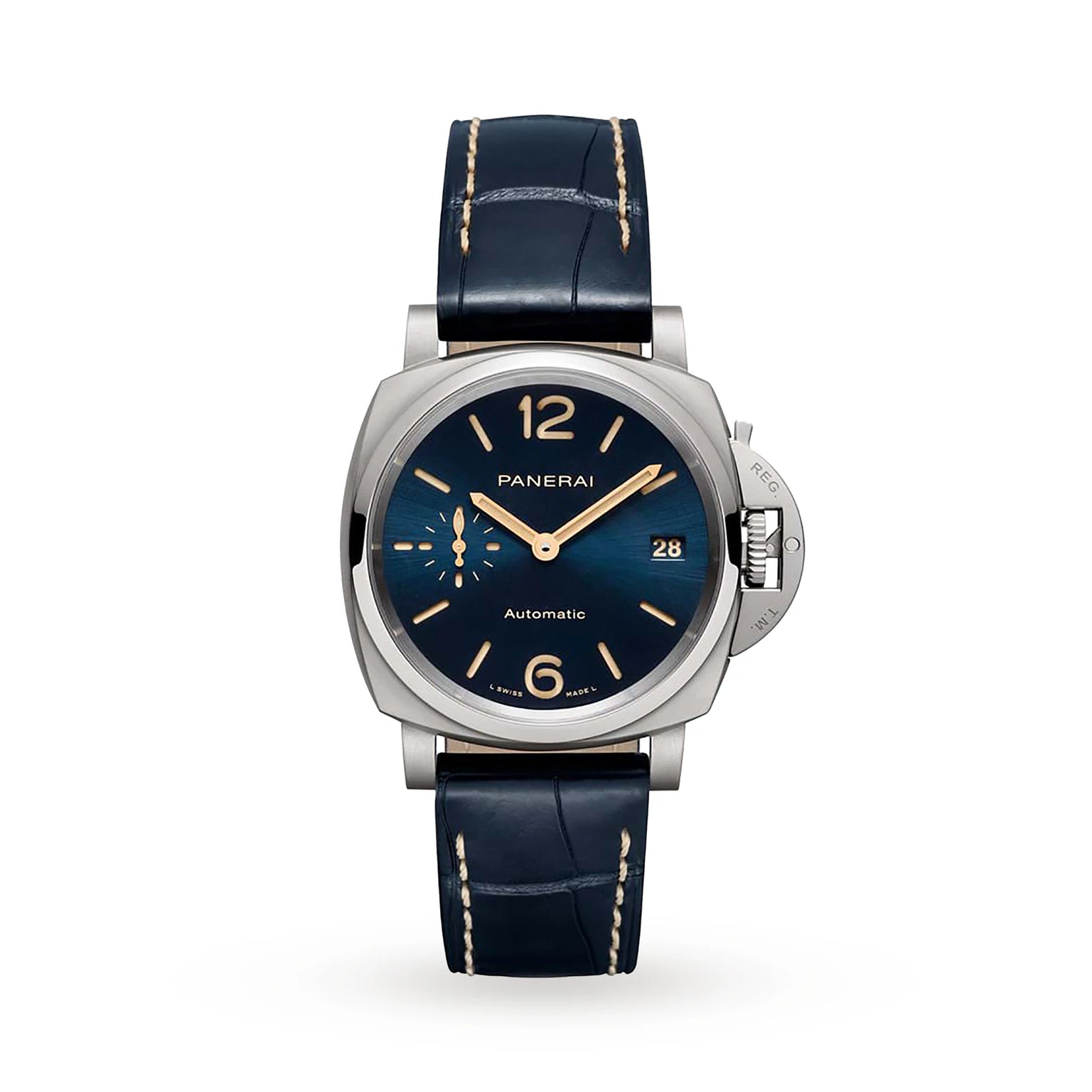 The Panerai Luminor Due is a luxury ladies watch featuring a blue dial, gold-tone hands and markers, date display, small seconds subdial, and dark blue leather strap with white stitching, all housed in a sleek titanium case.