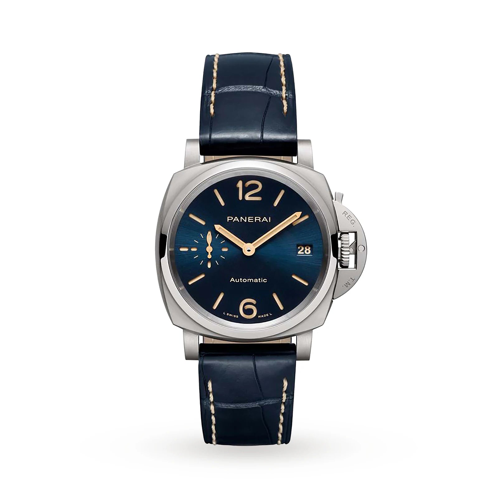 The Panerai Luminor Due is a luxury ladies watch featuring a blue dial, gold-tone hands and markers, date display, small seconds subdial, and dark blue leather strap with white stitching, all housed in a sleek titanium case.