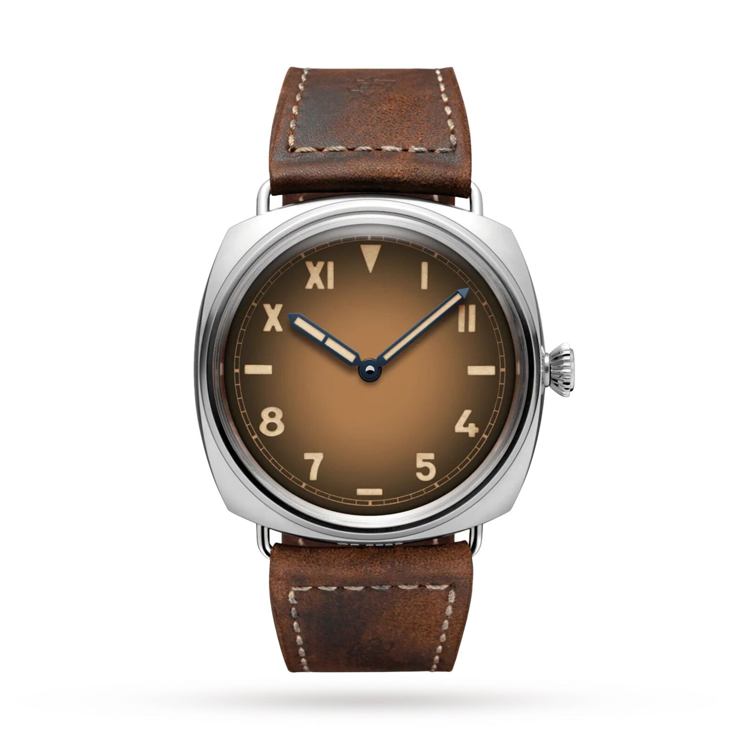The Panerai Radiomir California boasts a brown gradient California dial with simple hour markers and no logo, set in a silver case. Blue and white hands pair with a brown distressed leather strap featuring white stitching.