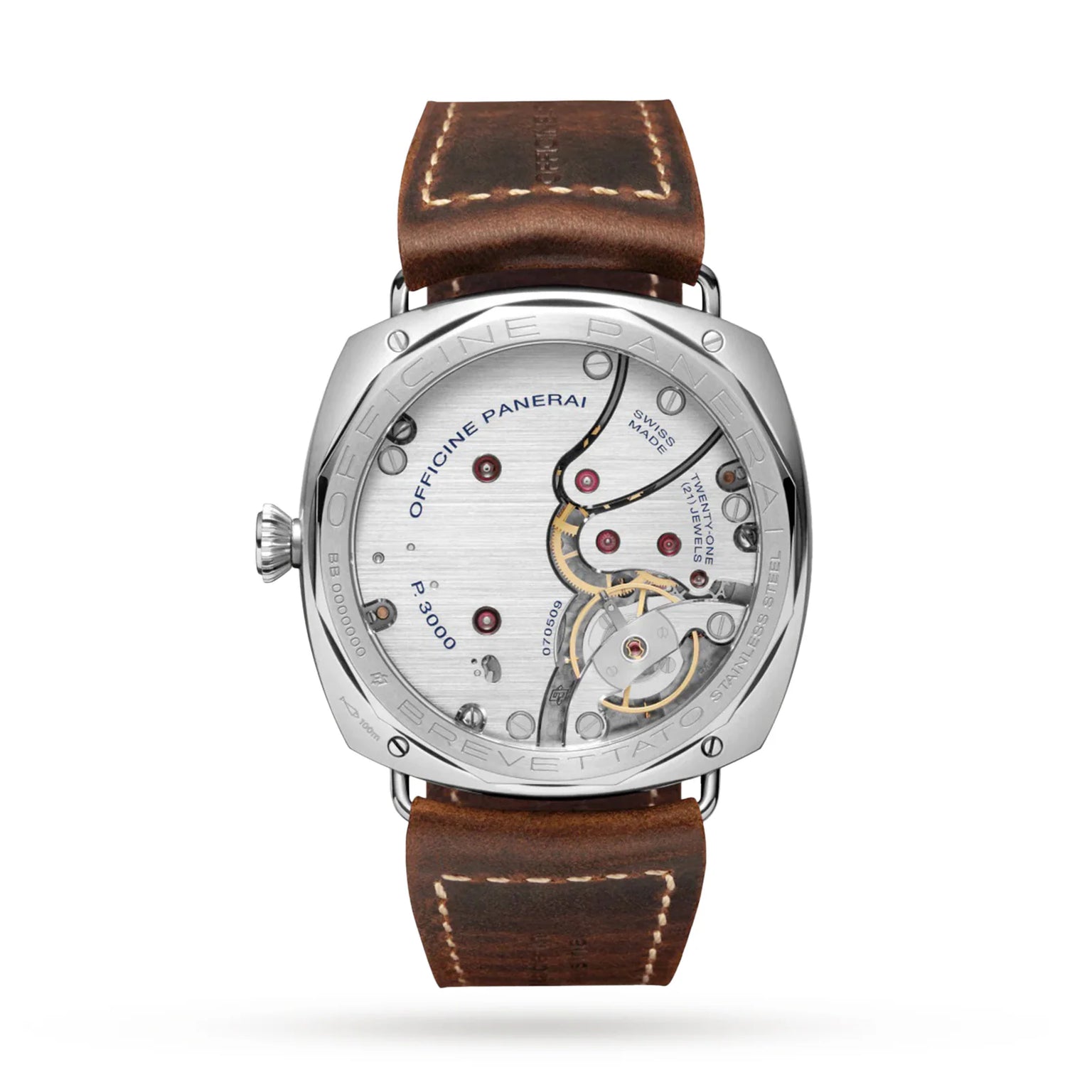 The Panerai Radiomir California wristwatch features a brown leather strap, California dial, and a transparent case back displaying its mechanical movement with visible gears, screws, and Officine Panerai engraving on the silver-toned back.