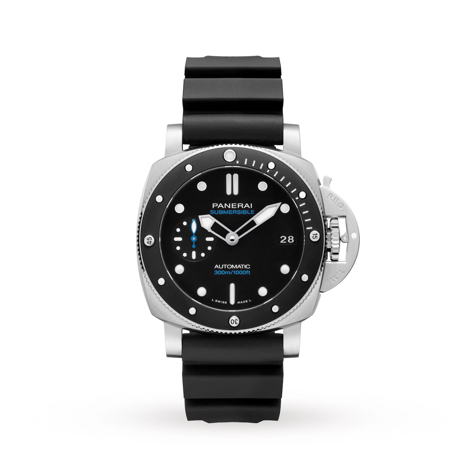 The Panerai Submersible is a 42mm stainless steel men's dive watch with a black dial, luminous markers, date display, and black rubber strap. It features a distinctive crown guard on the right side.