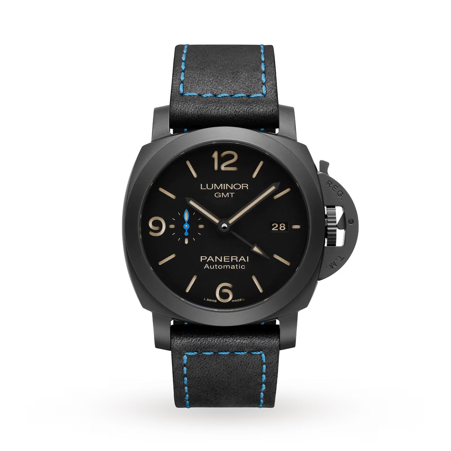 The Panerai Luminor GMT features a black round dial with beige numerals, a date window, and a black leather strap with blue stitching—an elegant watch from the renowned Luminor collection.