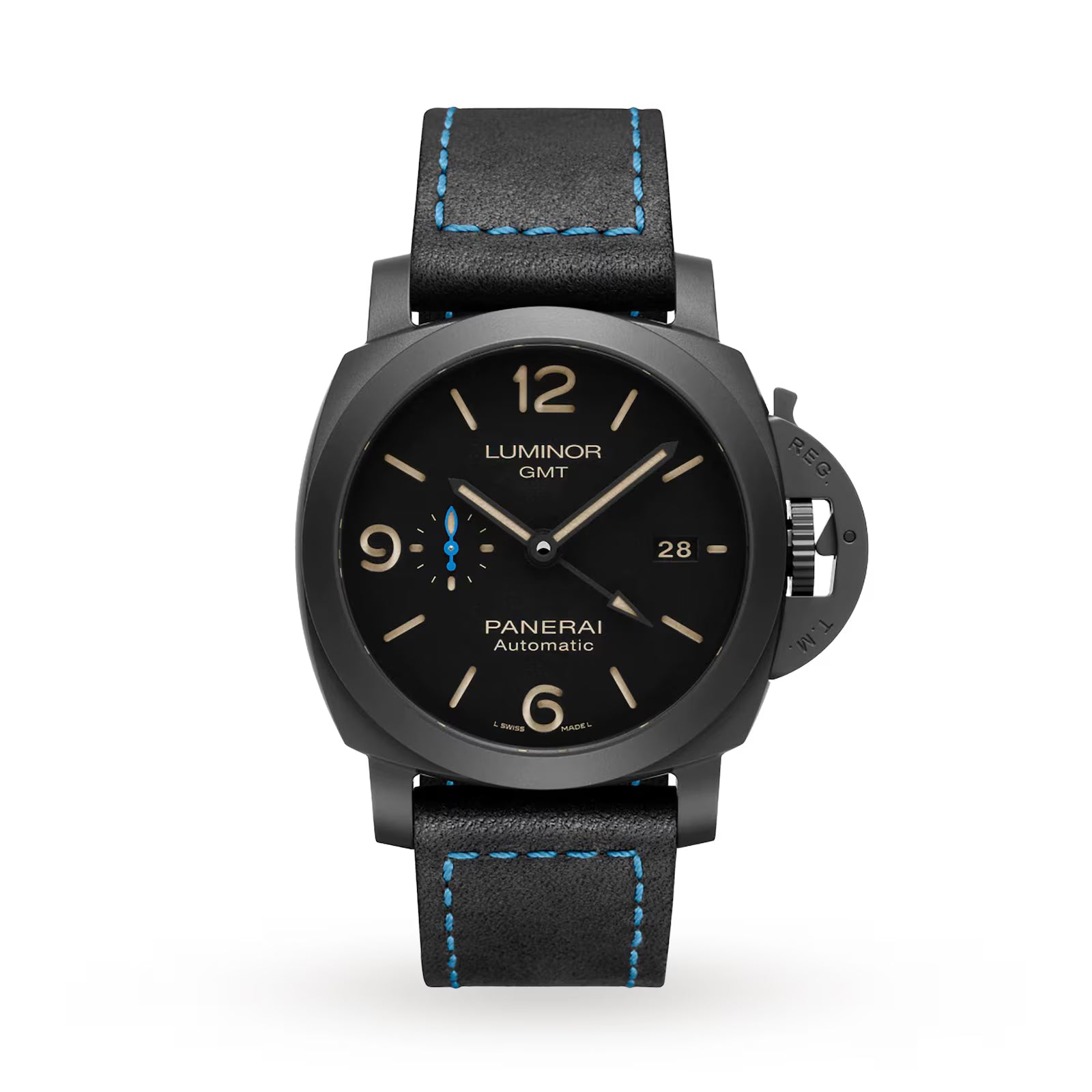 The Panerai Luminor GMT features a black round dial with beige numerals, a date window, and a black leather strap with blue stitching—an elegant watch from the renowned Luminor collection.