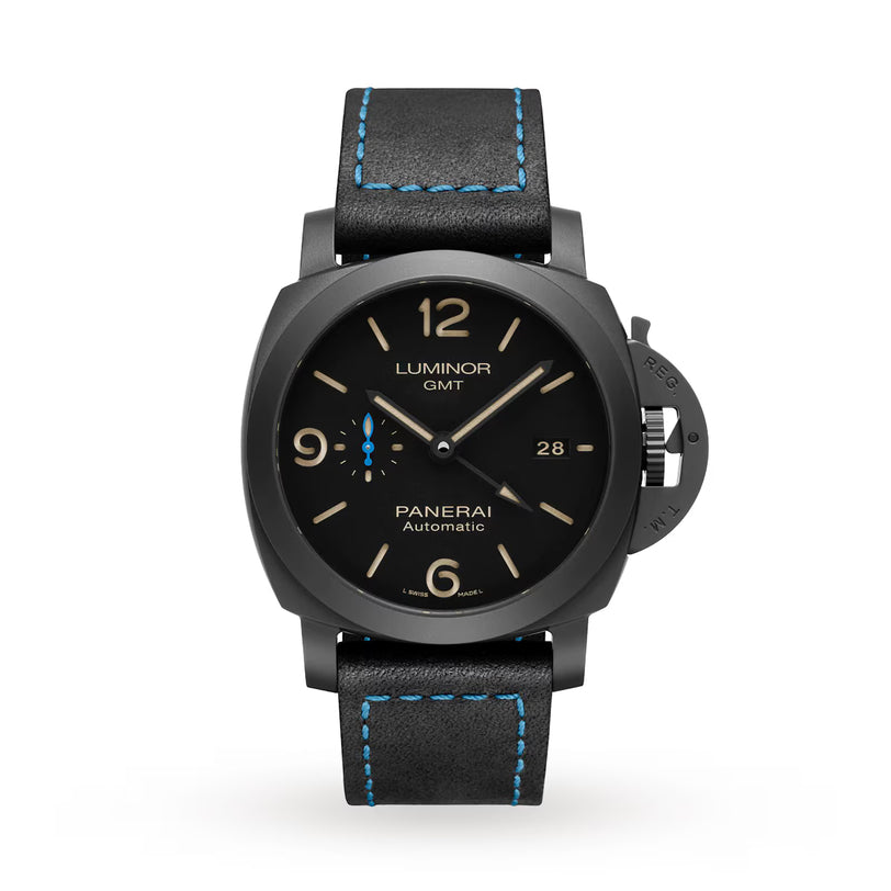 The Panerai Luminor GMT features a black round dial with beige numerals, a date window, and a black leather strap with blue stitching—an elegant watch from the renowned Luminor collection.