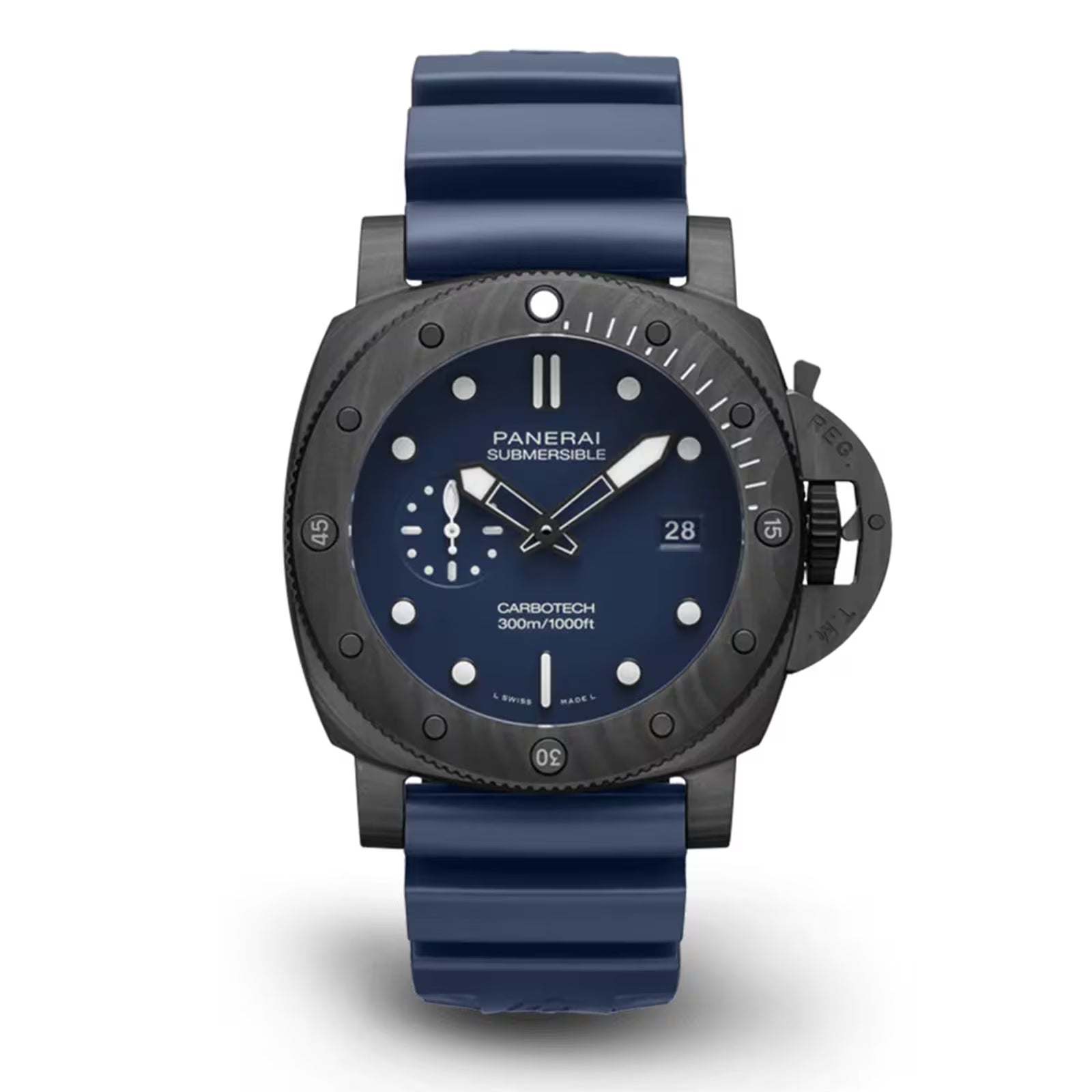 The Panerai Submersible QuarantaQuattro Carbotech Blu Abisso is a luxury dive watch featuring a Carbotech case, blue dial, white markers, small seconds, date window, blue rubber strap, and 300m water resistance.