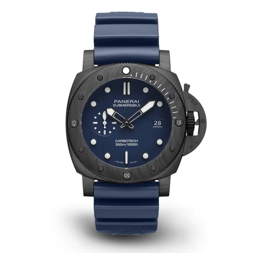 The Panerai Submersible QuarantaQuattro Carbotech Blu Abisso is a luxury dive watch featuring a Carbotech case, blue dial, white markers, small seconds, date window, blue rubber strap, and 300m water resistance.