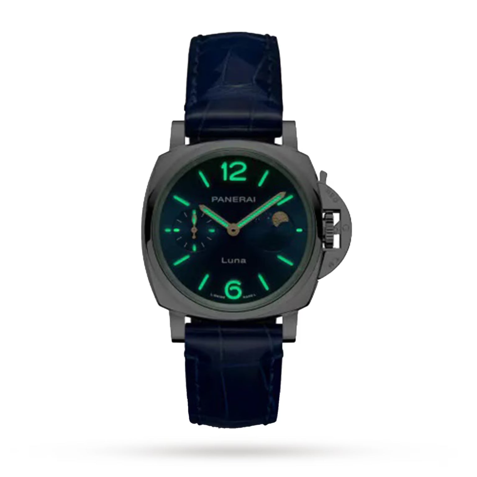 The Panerai Luminor Due Luna Moonphase features a dark blue leather strap, a black round case, and glowing green numerals and hands, highlighting Italian luxury design against a plain white background.