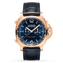 The Panerai Luminor Chrono tech Blu Notte features a Goldtech rose gold case, blue dial, gold hands, black leather strap, chronograph subdials, and the brand’s signature crown guard.