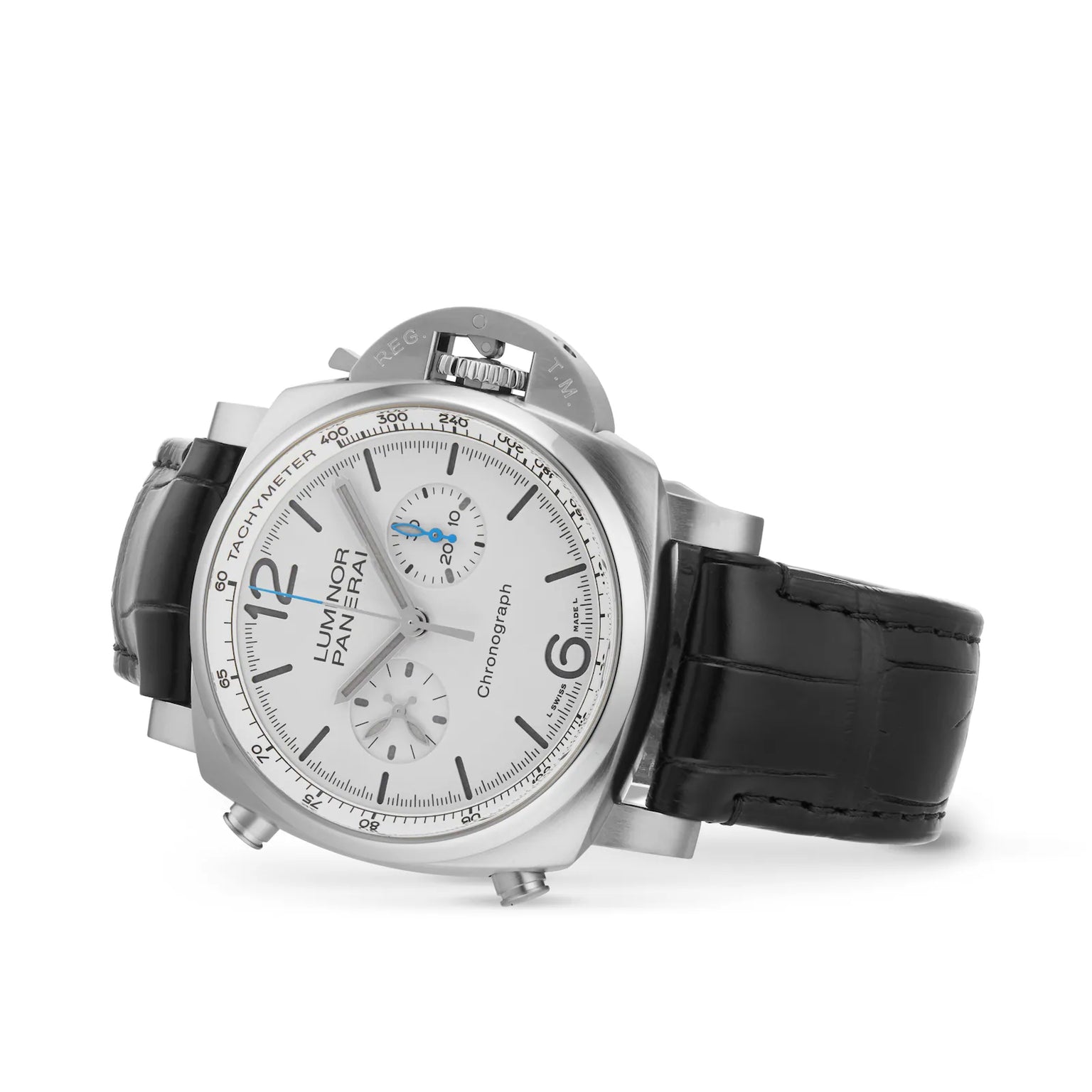 The Panerai Luminor Chrono features a silver dial, black leather strap, and three subdials, displayed at an angle on a white background—a striking piece in the Panerai collection.