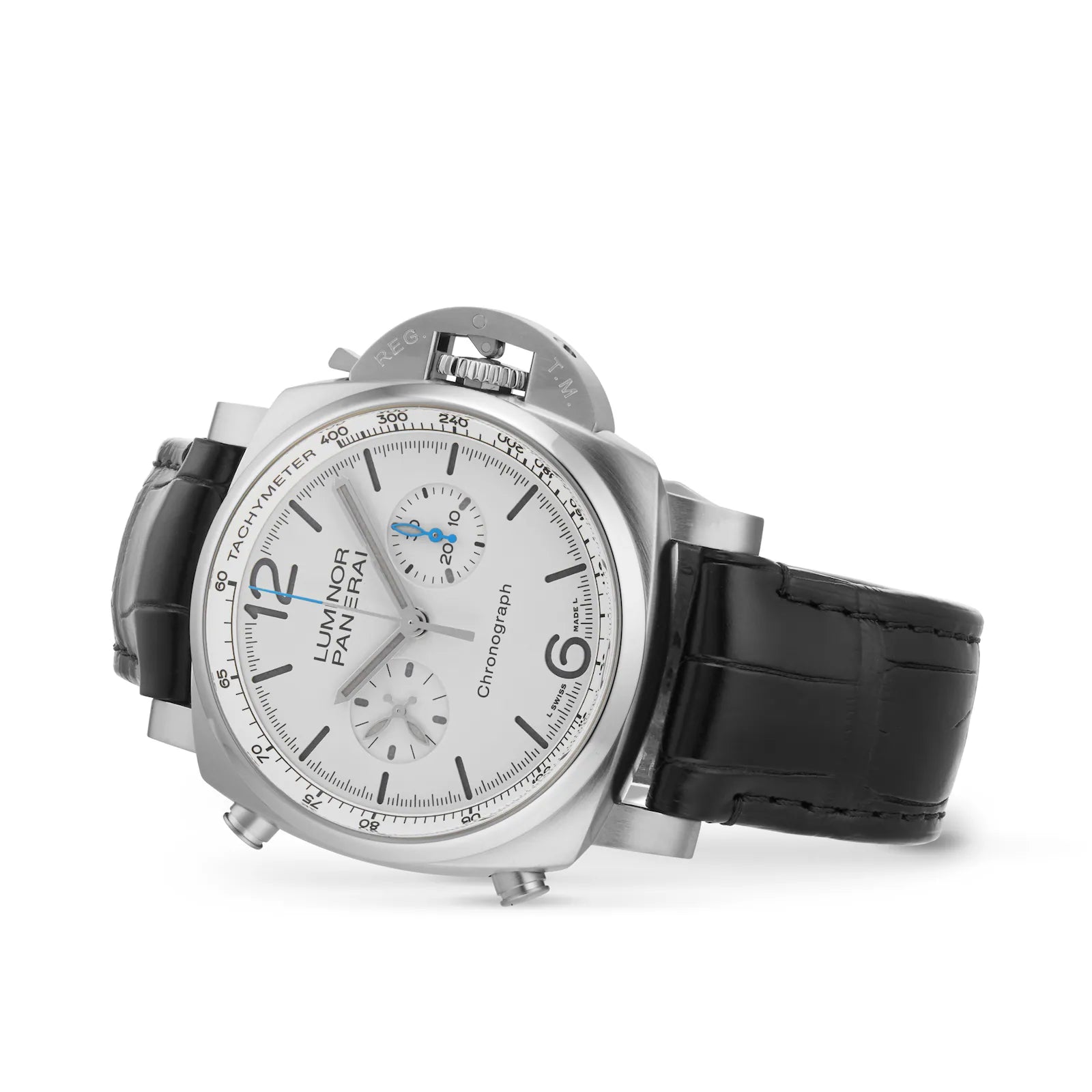 The Panerai Luminor Chrono features a silver dial, black leather strap, and three subdials, displayed at an angle on a white background—a striking piece in the Panerai collection.
