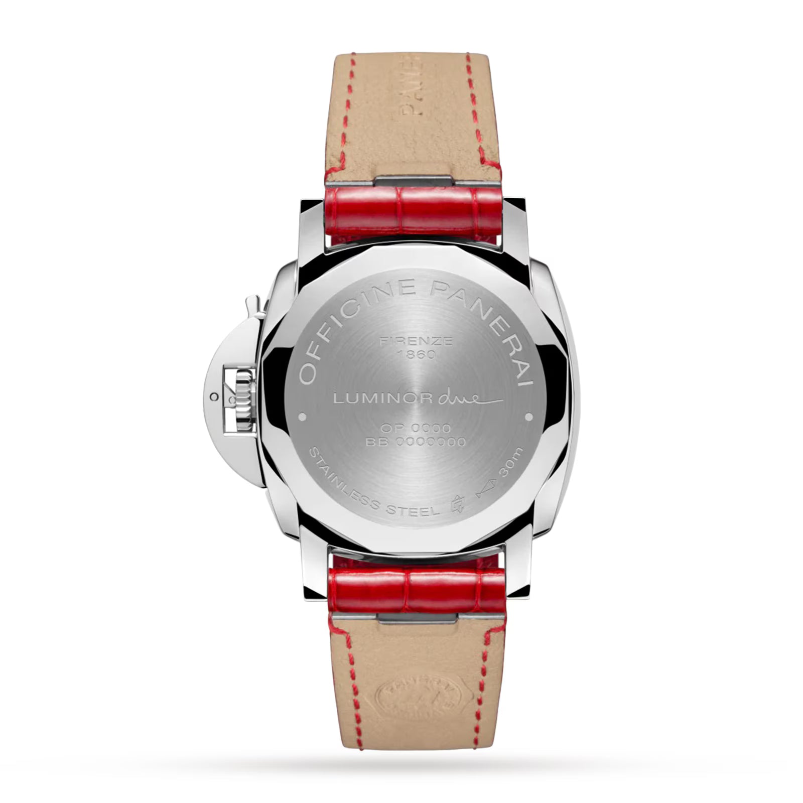 The back view of the Panerai Luminor Due features a stainless steel case and a red leather strap with beige stitching, highlighting Italian design. The case back is engraved with the Panerai brand, Luminor Due model, and production details.