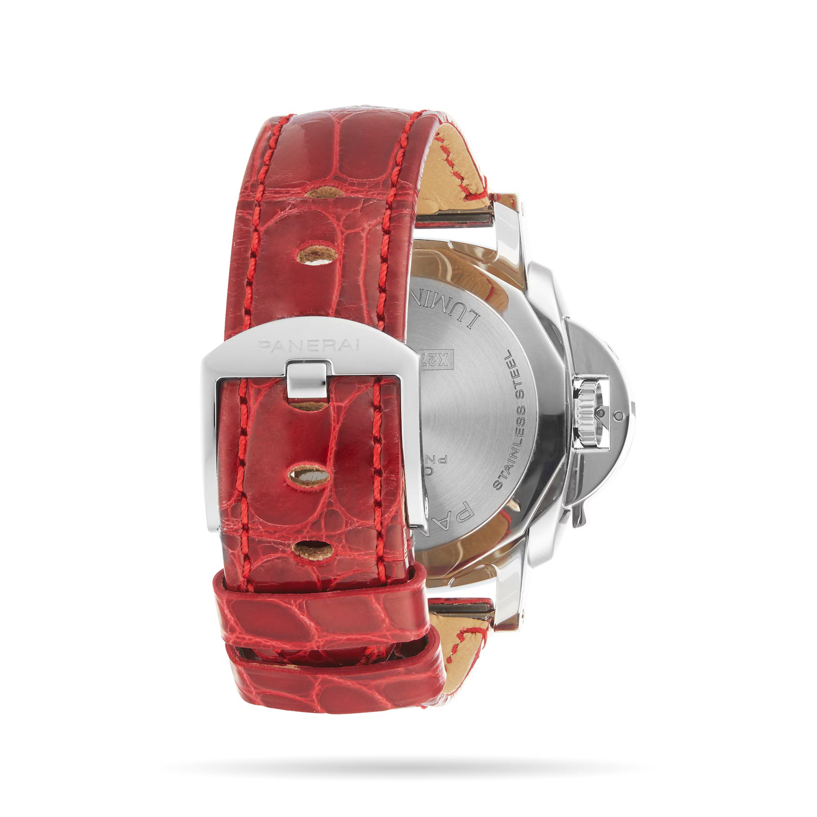 A close-up of the Panerai Luminor Due shows its red crocodile leather strap and silver buckle, Italian design, and a stainless steel case with engraved details inspired by classic Panerai aesthetics.