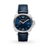 The Panerai Luminor Due features a blue leather strap, blue dial, silver case, gold hands, date at 3 o’clock, and small seconds at 9 o’clock—blending signature Italian design with refined style.