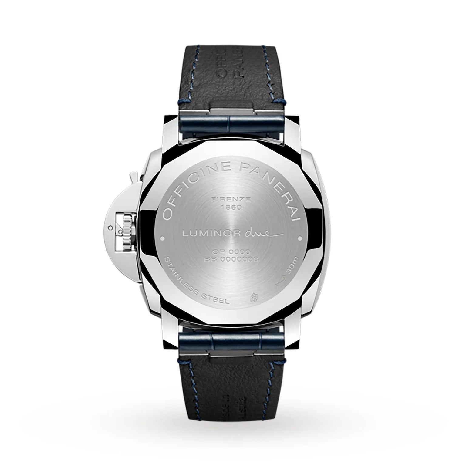 A Panerai Luminor Due in stainless steel, viewed from the back, highlights Italian design with intricate engravings and a black leather strap with blue stitching. The caseback shows branding and serial details.