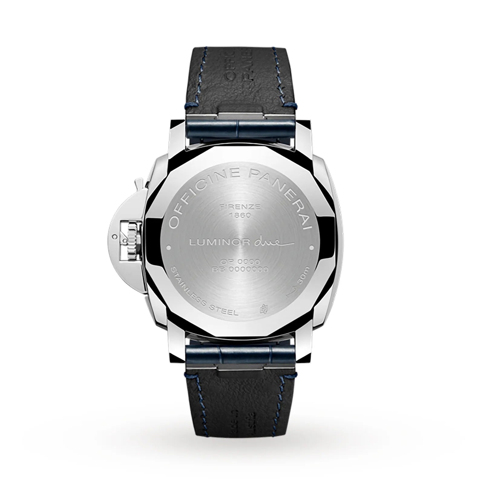 A Panerai Luminor Due in stainless steel, viewed from the back, highlights Italian design with intricate engravings and a black leather strap with blue stitching. The caseback shows branding and serial details.