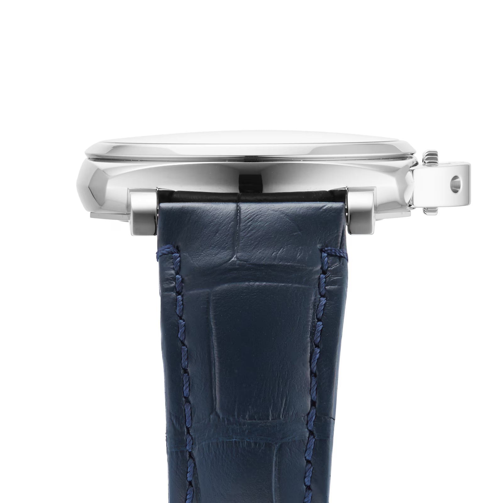 A close-up side view of the Panerai Luminor Due, showcasing its polished silver case and dark blue leather strap with textured patterns and blue stitching, highlighting Panerai’s signature refined craftsmanship.