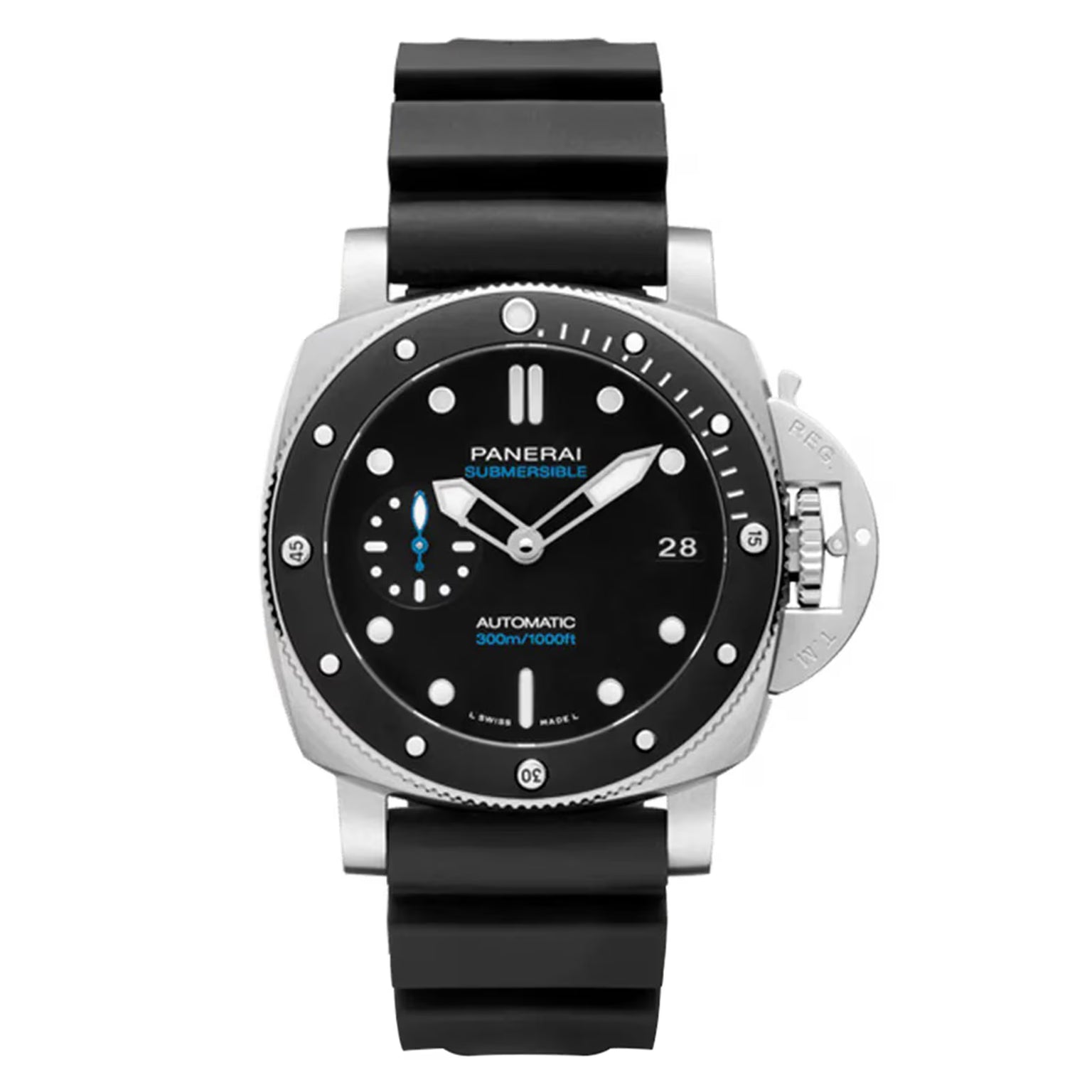 The Panerai Submersible features a 42mm steel case, black dial with luminous markers, date display, rotating bezel, and a black rubber strap.