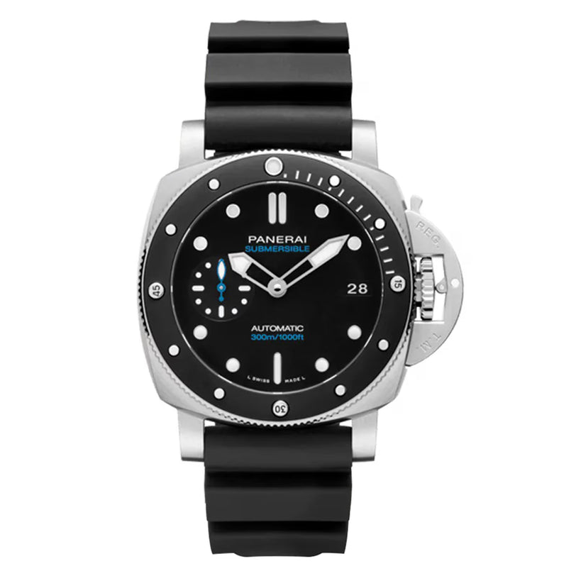 The Panerai Submersible features a 42mm steel case, black dial with luminous markers, date display, rotating bezel, and a black rubber strap.