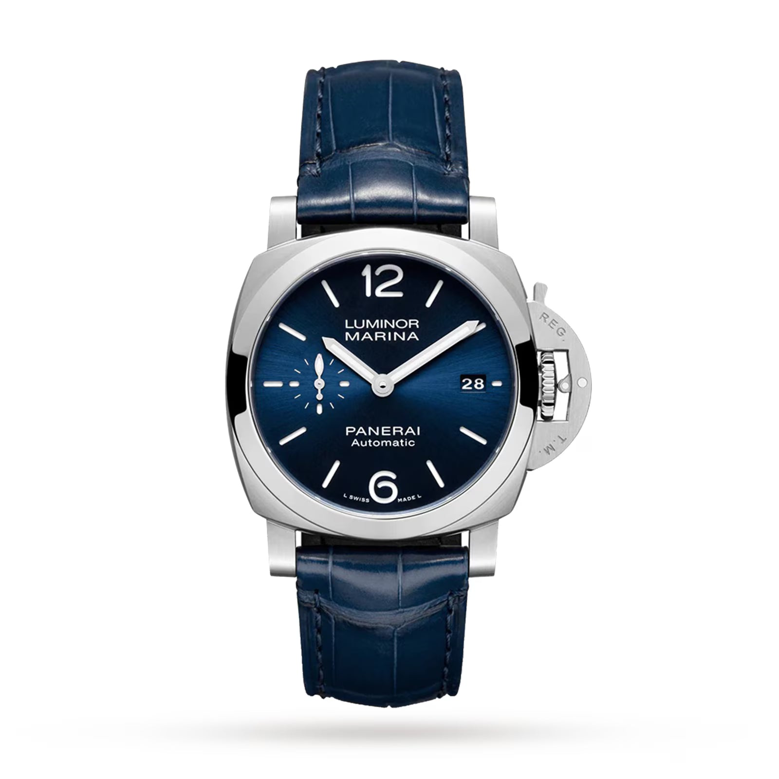 The Panerai Luminor Quaranta Automatic features a blue dial, stainless steel case, date display, and blue leather strap, shown against a white background.