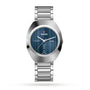 A Rado DiaStar Original wristwatch with a blue dial, metallic strap, sapphire crystal, day-date display, and Automatic on the face is shown against a white background.