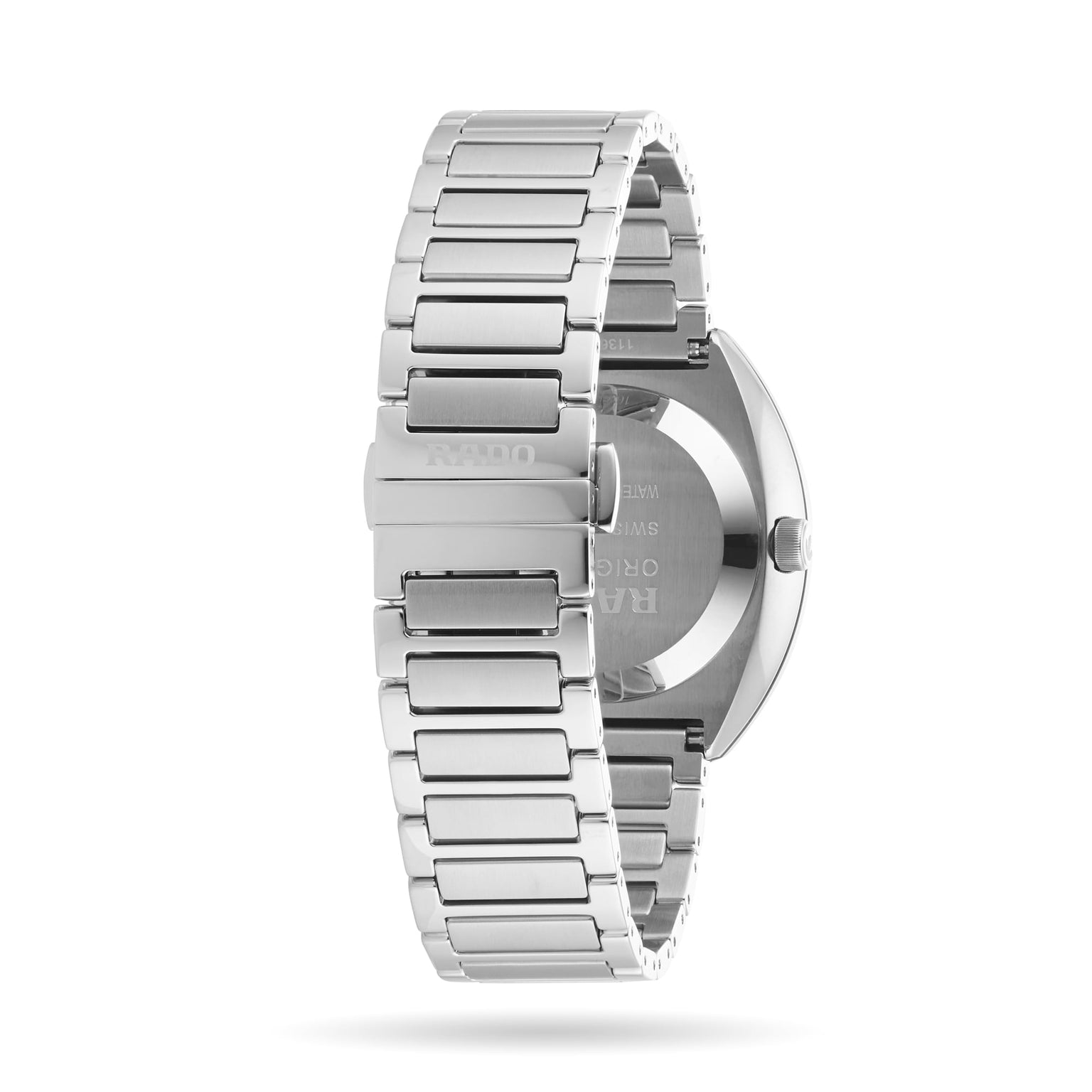 The Rado DiaStar Original stainless steel watch features a sapphire crystal, closed clasp, and an exhibition caseback, displayed from the rear on a white background.