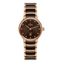 The Rado Centrix Automatic Diamonds wristwatch features a gold and black design, brown dial, date display, diamond hour markers, and a metal link bracelet from the renowned Swiss brand.