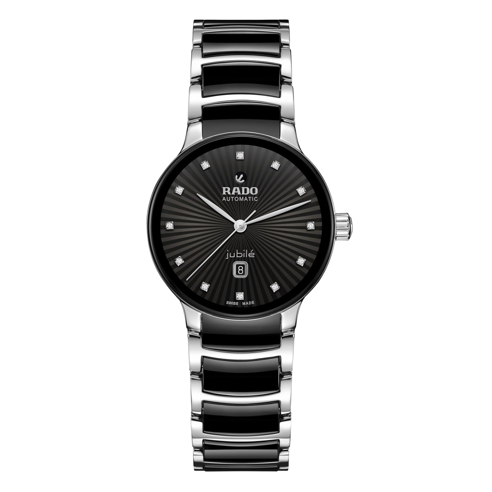 A Rado Centrix Automatic Diamonds wristwatch in silver and black, featuring a black patterned dial, diamond hour markers, and a date display at 6 oclock.