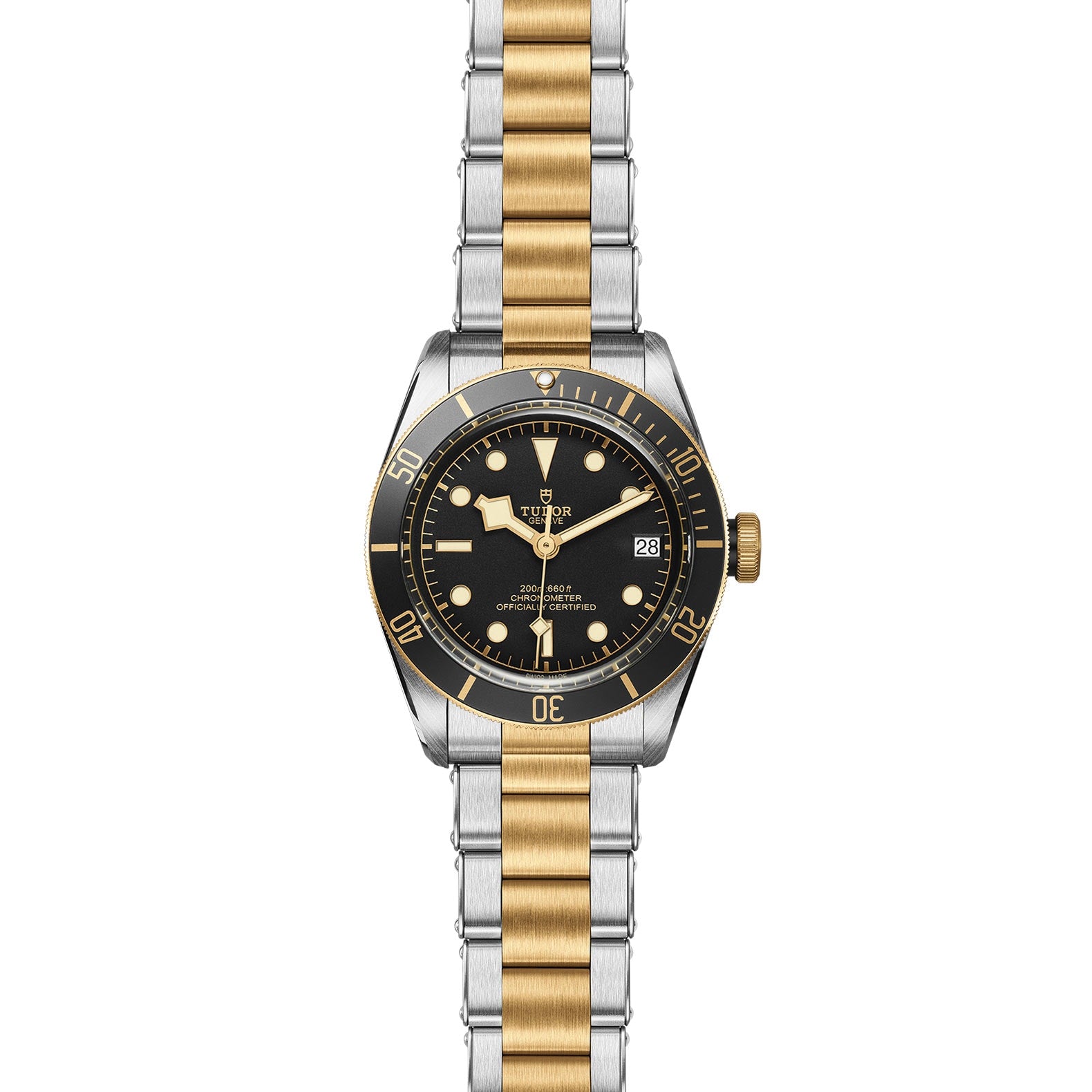The TUDOR Black Bay S&G features a black dial, gold bezel, and a two-tone silver and gold bracelet, displaying the time at 10:10.