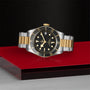 The TUDOR Black Bay S&G, a two-tone watch with a black bezel and dial, gold accents, and metal bracelet, is showcased on a red and metallic surface against a textured black background.