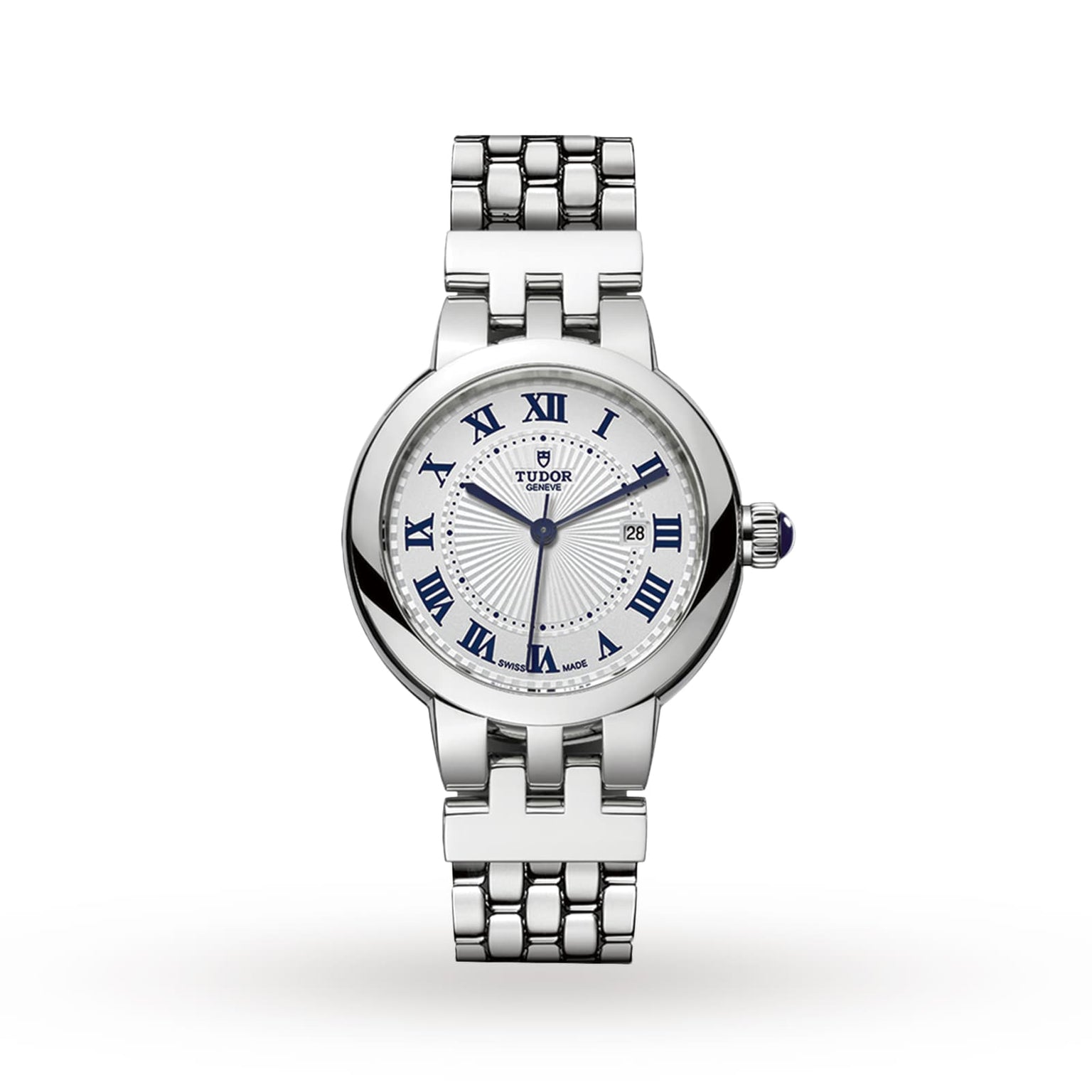 The TUDOR Clair de Rose is a silver wristwatch featuring a white dial, blue Roman numerals, and a stainless steel link bracelet.