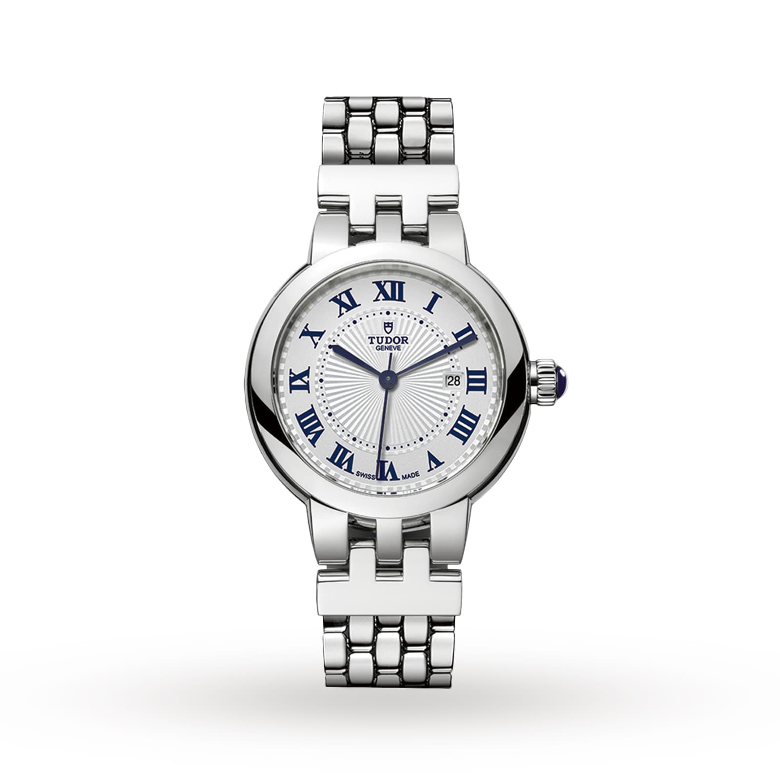 The TUDOR Clair de Rose is a silver wristwatch featuring a white dial, blue Roman numerals, and a stainless steel link bracelet.