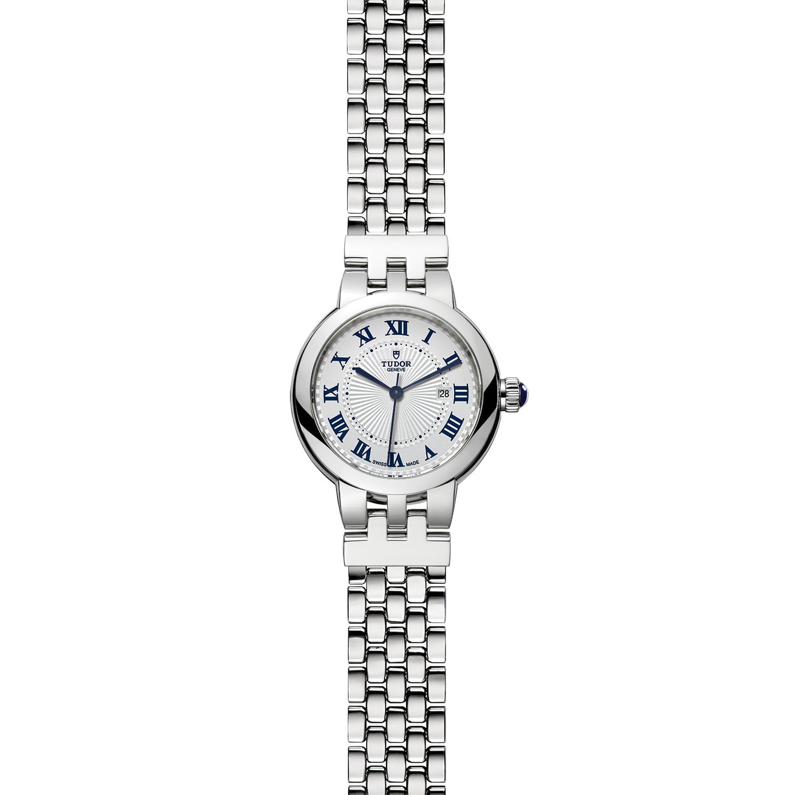 The TUDOR Clair de Rose is a silver wristwatch featuring a round face, blue Roman numerals, and a metal link band, shown on a white background.