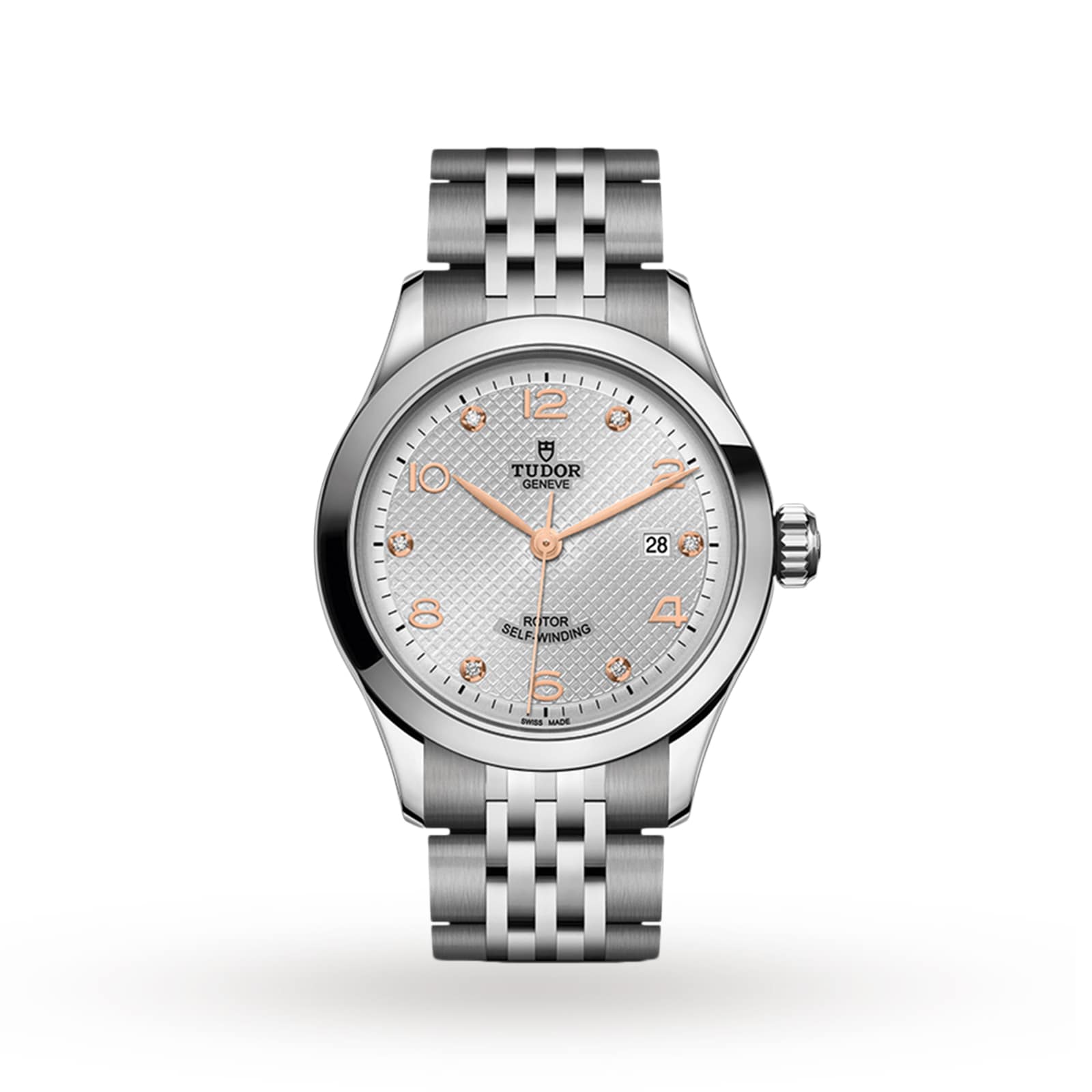 TUDOR 1926 wristwatch with a silver case, white dial, gold hour markers, and metal link bracelet shown on a white background.